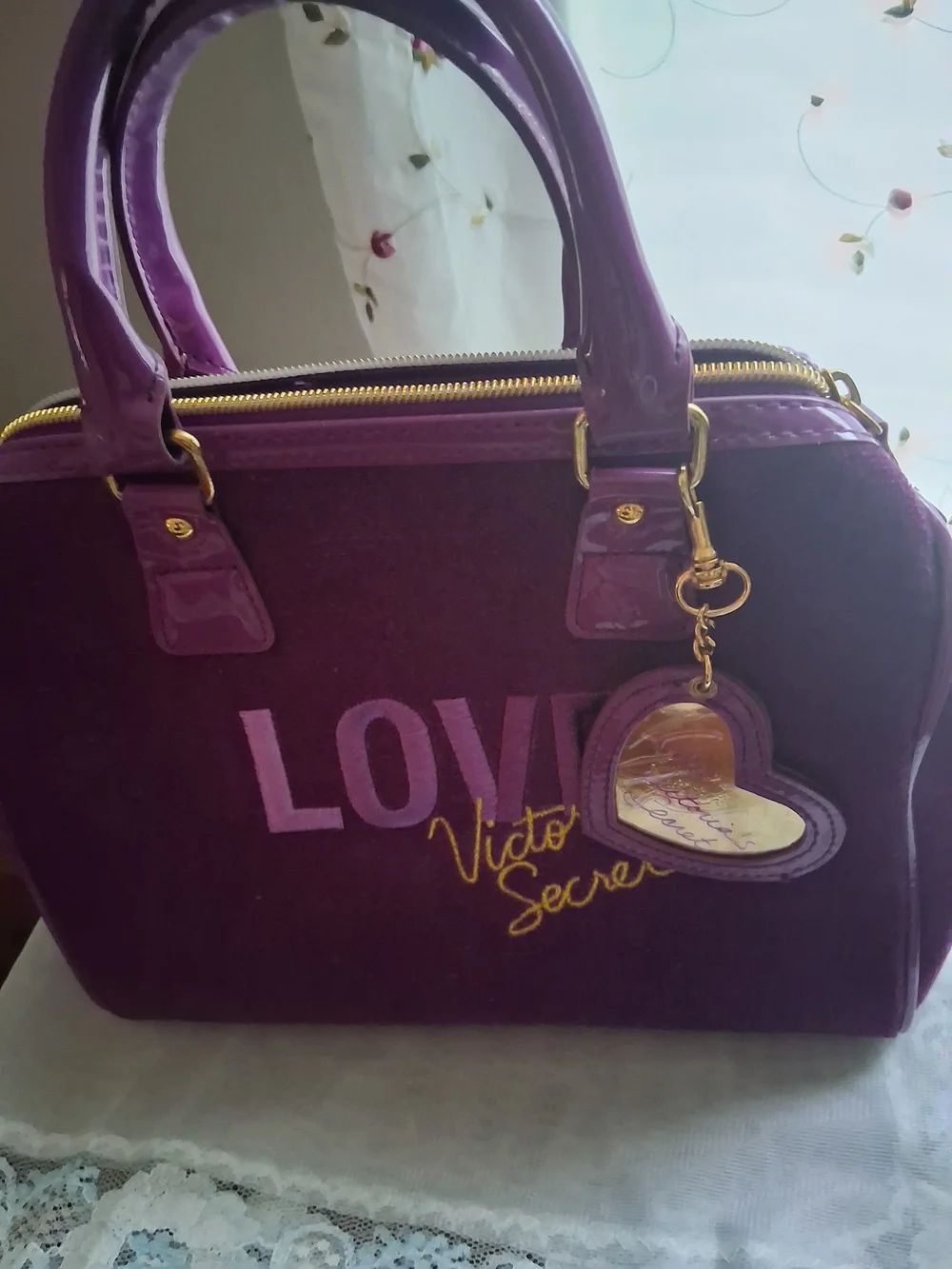 Victoria's Secret Purple Velvet Satchel with Glossy Handles